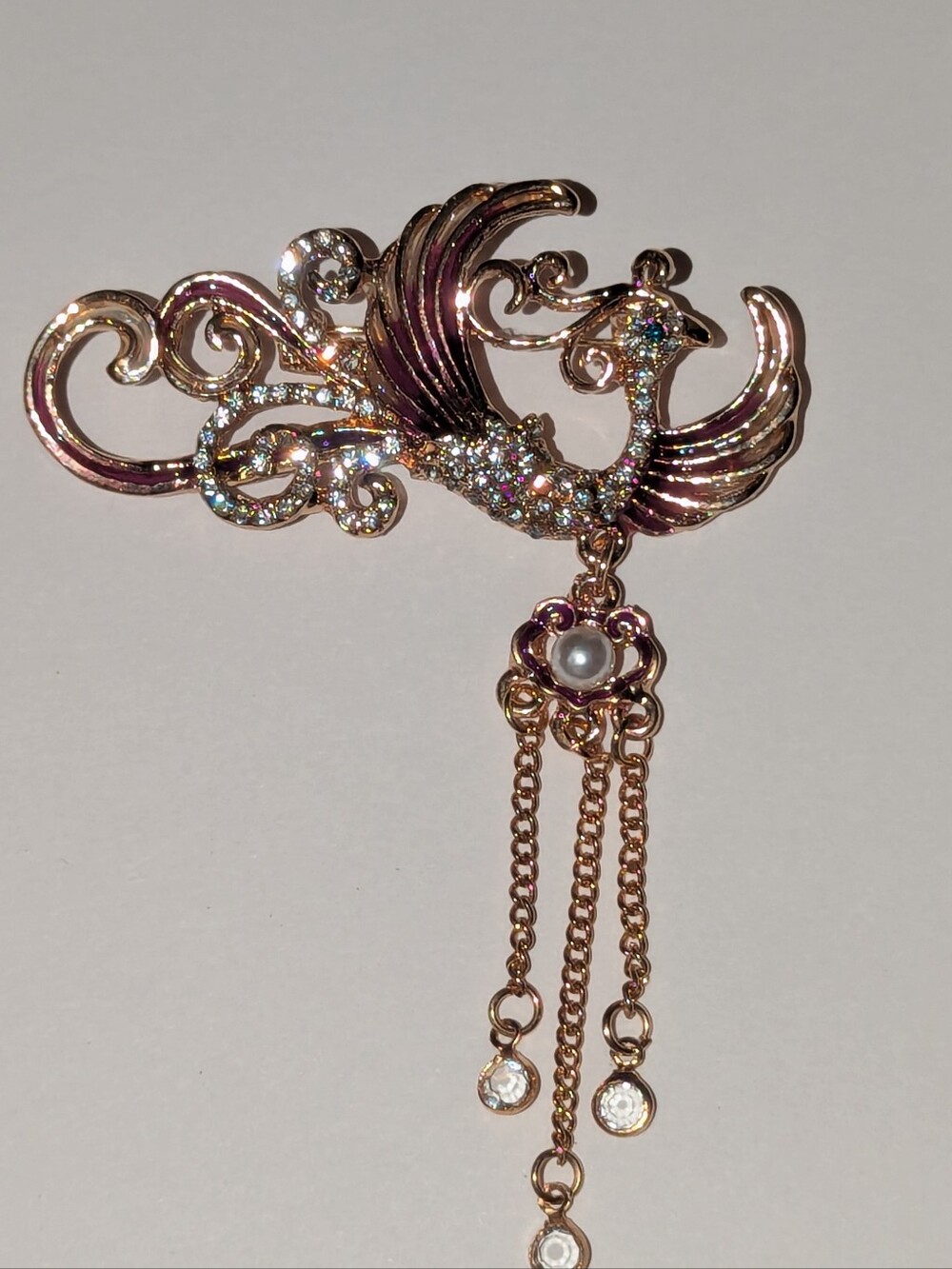 Vtg Phoenix Crystal Dangle Gold Tone Brooch Outstanding!